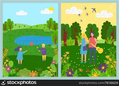 Man and woman on date in forest vector, couple in park relaxing on weekends, male holding guitar guitarist with instrument, children playing with ball. Summer and Spring Views, Landscape with People
