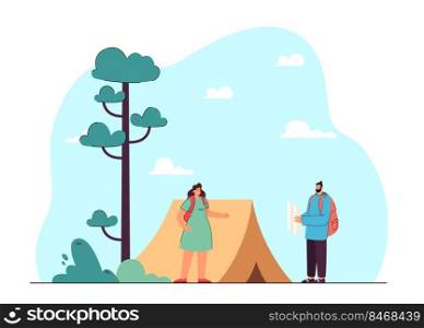 Man and woman on hike flat vector illustration. Couple with backpacks and map standing next to tent, enjoying nature. Active lifestyle, wild life, recreation, tourism concept for banner design