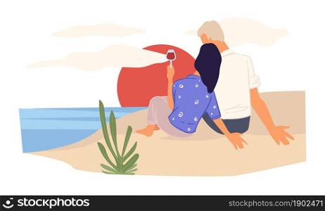 Man and woman on honeymoon or romantic journey watching sunset by seaside. Female and male drinking wine and hugging in evening. Weekends or holidays of pair or newlywed. Vector in flat style. Couple watching sunset by seaside sitting on sand