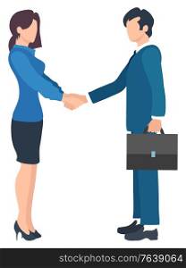 Man and woman on meeting vector, isolated character handshake of male and female. Boss and leader, entrepreneur and director holding case with contract. Gender equality in business. Business Meeting of Boss and Leader of Company