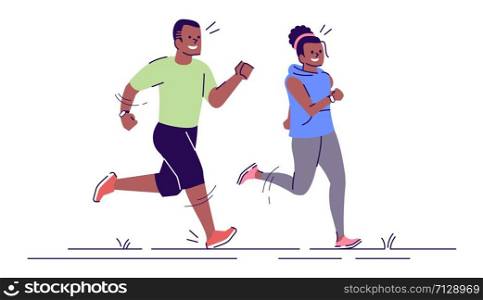 Man and woman on running training flat vector illustration. Sport activity. Jogging couple. Sprinting african american boy, girl isolated cartoon characters with outline elements on white background