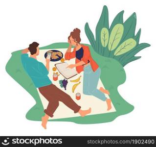 Man and woman on weekends gathered in park for picnic. Couple reading book and browsing web. Male and female laying on blanket with food and fruits, snacks and tasty meal. Vector in flat style. Couple on picnic reading book and browsing web