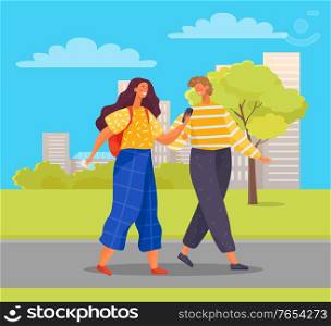 Man and woman on weekends in new city. Female character using smartphone to find right way. Friends walking in town park enjoying fair weather and greenery of nature. Vector in flat style. Couple Walking in City, Tourists Strolling in Town