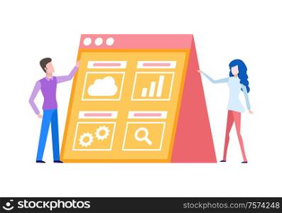 Man and woman, online business tools isolated characters and object vector. Cloud and graphic, cogwheels or settings and search, website creation. Online Business Creation Tools, Man and Woman