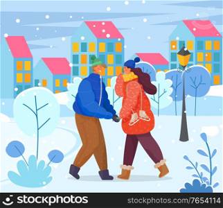Man and woman outdoors in city park in winter season. Freezing woman with ice skating shoes outside with male wearing warm clothes. Cityscape with buildings and snowing weather vector in flat. Romantic Couple Holding Hands in Winter City Park