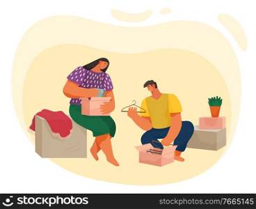 Man and woman packing or unpacking boxes with domestic objects. Female holding cardboard package with cup, male sitting on floor with hanger. Life of young couple and relocation together vector. Couple Relocation Man and Woman with Boxes Vector
