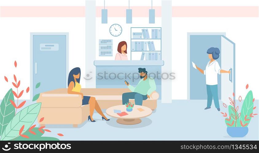 Man and Woman Patients Sitting in Clinic Lobby on Couch, Hall Interior with Administrator on Hospital Reception Desk, People Waiting Doctor Appointment. Health Care, Cartoon Flat Vector Illustration. Man and Woman Patients Sitting in Clinic Lobby