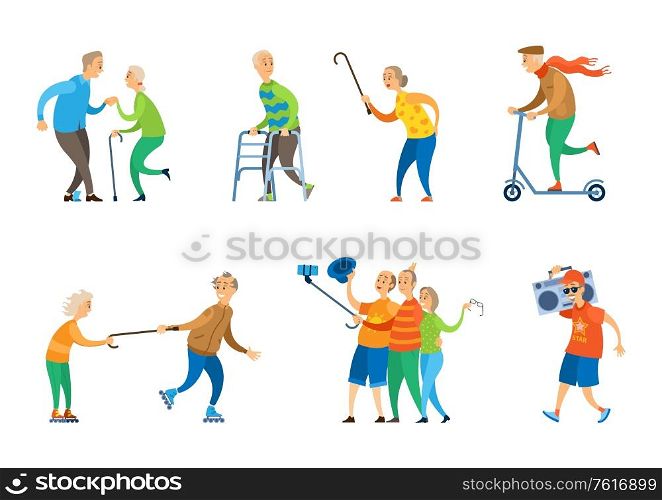 Man and woman pensioners vector, old people dancing at disco lady chasing man with wooden stick, person riding scooter, aged character taking selfie, funny grandmother and grandfather. People Dancing, Senior People Relaxing Music Box