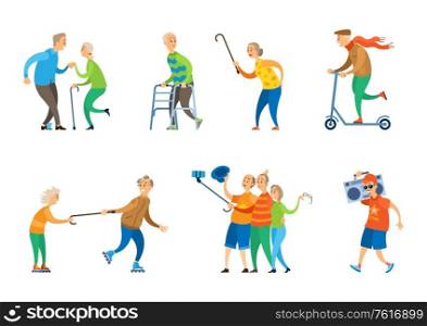 Man and woman pensioners vector, old people dancing at disco lady chasing man with wooden stick, person riding scooter, aged character taking selfie, funny grandmother and grandfather. People Dancing, Senior People Relaxing Music Box