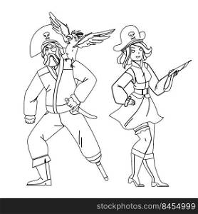 Man And Woman Pirate Standing Together Vector. Bearded Guy With Parrot Bird On Shoulder And Woman With Weapon Gun Wearing Pirate Hat And Costume. Characters black line illustration. Man And Woman Pirate Standing Together Vector