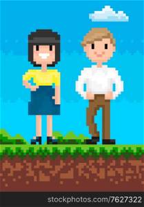 Man and woman pixel art game graphics vector, workers on nature, male wearing formal clothes lady smiling, soil and ground with grass and bushes platform. Man and Woman Pixelated Characters Retro Style