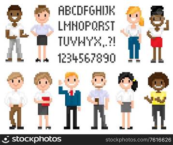 Man and woman pixel characters, full length and portrait view of smiling superhero, people waving, shooting and holding, pixel alphabet numbers and text decoration pixelated business or education game. Pixelated Superhero, Pixelart Character Vector