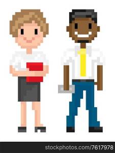 Man and woman pixelated graphics of 8 bit game isolated character of pixel game, mosaic representation, Afro American and Evropean personages, friends spending time together, for business or education. Character of Pixel 8 Bit Game, Man and Woman Vector
