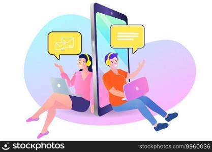 Man and woman planning meeting with online app. People using appointment business application. Modern smartphone with users communicating and speech bubbles. Online dating and social networking.