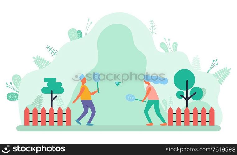 Man and woman playing badminton near gate, landscape view and fence. People with racket and shuttlecock, activity outdoor, summer recreation vector. People Play with Racket and Shuttlecock Vector