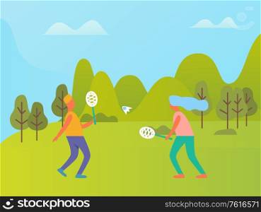 Man and woman playing badminton outdoor, competition between people in sportwear, full length view. Mountain landscape and trees, green nature vector. People Playing Badminton Outdoor, Nature Vector