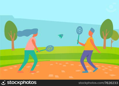 Man and woman playing badminton outdoors, summer sport activities. Vector couple play with rackets and shuttlecock, cartoon style people together in park. Flat cartoon. Man and Woman Playing Badminton Outdoors, Summer