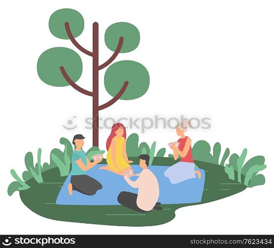 Man and woman playing cards on mat, relaxing near tree, people gambling outdoor, friends characters sitting on grass, game and nature, hobby vector. Flat cartoon. Friends Gambling on Grass, Hobby and Nature Vector