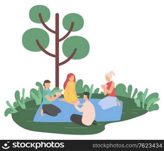 Man and woman playing cards on mat, relaxing near tree, people gambling outdoor, friends characters sitting on grass, game and nature, hobby vector. Flat cartoon. Friends Gambling on Grass, Hobby and Nature Vector