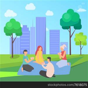 Man and woman playing cards vector, friends spending time together flat style, urban people sitting on blanket entertaining weekend in summertime. Characters Playing Cards in City Park, Cityscape