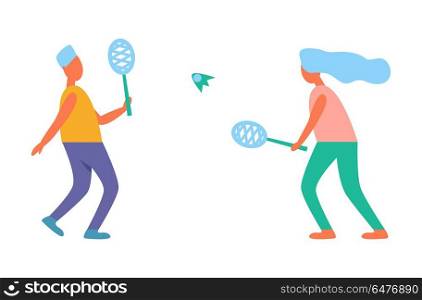 Man and Woman Playing Tennis Vector Illustration. Man and woman playing tennis vector illustration isolated on white background. People doing active sport activities in cartoon style