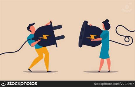 Man and woman plugin together with plug. Cooperation partnership with connect part socket vector illustration concept. Character solving  problem and agreement. Energy deal and business communication