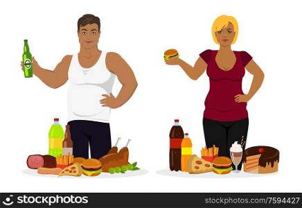 Man and woman portrait view holding hamburger and bottle. Fast food and overweight people, unhealthy meal, cake and pizza, potato and chicken vector. Fat peoples with unhealthy food. Overweight People, Fast Food or Unhealthy Vector