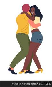 Man and woman practicing dance, isolated male and female standing close to each other embracing and smiling. People moving, learning on lessons or performing on stage. Vector in flat illustration. Dancing man and woman, practicing dance vector