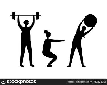 Man and woman pumping muscles, boy with dumbbell, girl doing exercise with ball and squatting. Black and white full length view of sporty people vector. Sporty People in Black and White, Pumping Vector