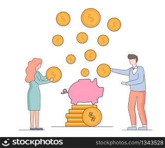 Man and Woman Put Gold Dollars into Pink Pig Piggy Bank Standing at Coin Pile Isolated on White Background. Saving Money, Open Bank Deposit. Investment in Form of Toy. Linear Flat Vector Illustration.. Man and Woman Put Gold Dollars into Pig Piggy Bank