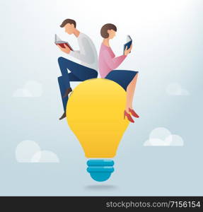 man and woman reading book and sitting on a light bulb, creative concept vector illustration