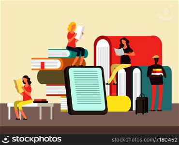 Man and woman reading books. Book festival vector poster and banner. Cartoon people and book creative idea cartoon flat concept. Vector illustration. Man and woman reading books. Book festival vector poster