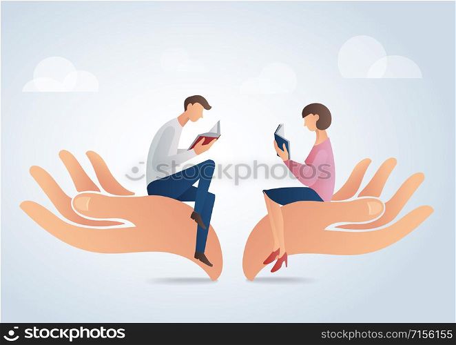 man and woman reading books on big hands, education concept vector illustration