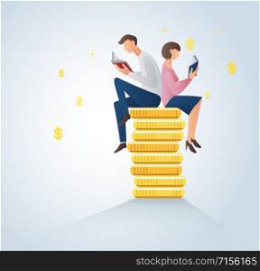man and woman reading books on coins, business concept vector illustration