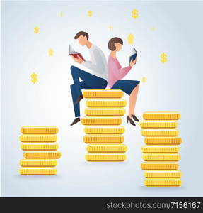 man and woman reading books on coins, business concept vector illustration