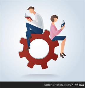 man and woman reading books on gears icon, concept of education vector illustration