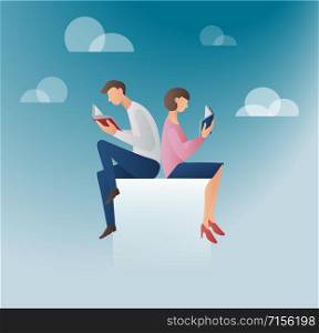 man and woman reading books vector illustration