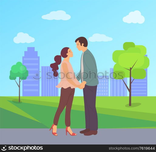 Man and woman ready to kiss vector, boyfriend and girlfriend on date, dating female and male in city park, cityscape with greenery and skyscrapers. Couple Having Date in Spring Park of Big City