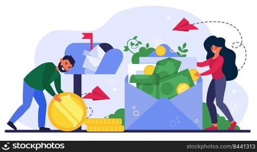 Man and woman receiving money order. People opening mailbox and envelope with banknotes flat vector illustration. Money transfer concept for banner, website design or landing web page