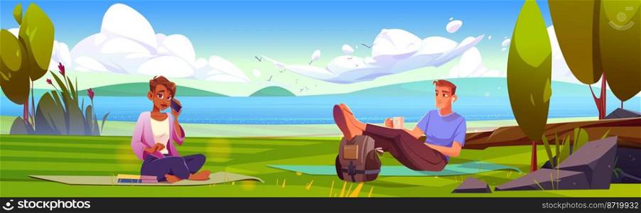 Man and woman relax on green lawn at lake shore. Cartoon nature landscape with young couple characters sitting on mats with cup and mobile phone. People summer outdoor recreation, Vector illustration. Man and woman relax on green lawn at lake shore