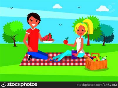 Man and woman resting on picnic. Couple sitting on checkered blanket, apple and watermelon in hands, basket food on grass nearby, vector trees backdrop. Man and Woman Resting on Picnic. Couple Sitting