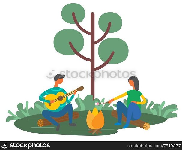 Man and woman resting outdoors with guitar and making marshmallows on bonfire. Vector people in cartoon style, green tree and couple having fun outdoors. Man and Woman Resting Outdoors with Guitar, Picnic