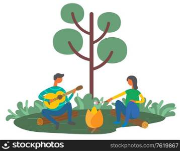 Man and woman resting outdoors with guitar and making marshmallows on bonfire. Vector people in cartoon style, green tree and couple having fun outdoors. Man and Woman Resting Outdoors with Guitar, Picnic