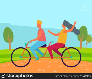 Man and woman riding bicycle, lovers active leisure in park. Couple going on bike near green trees, romantic day of boyfriend and girlfriend vector. Flat cartoon. Romantic Day, Man and Woman on Bicycle Vector