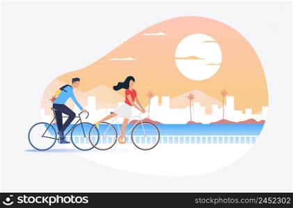 Man and woman riding bicycles, sun and cityscape in background. Tourism, activity, leisure concept. Vector illustration can be used for topics like summer, holiday, sport. Man and woman riding bicycles, sun and cityscape in background