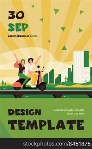 Man and woman riding bike in city. Bridge, building, skyscrapers. Flat vector illustration. Travelling concept can be used for presentations, banner, website design, landing web page