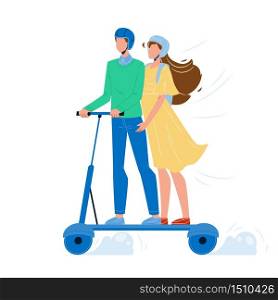 Man And Woman Riding Electrical Scooter Vector. Young Boy And Girl Couple Wearing Protection Helmet Ride Electric Scooter. Urban Alternative Ecology Transport Characters Flat Cartoon Illustration. Man And Woman Riding Electrical Scooter Vector