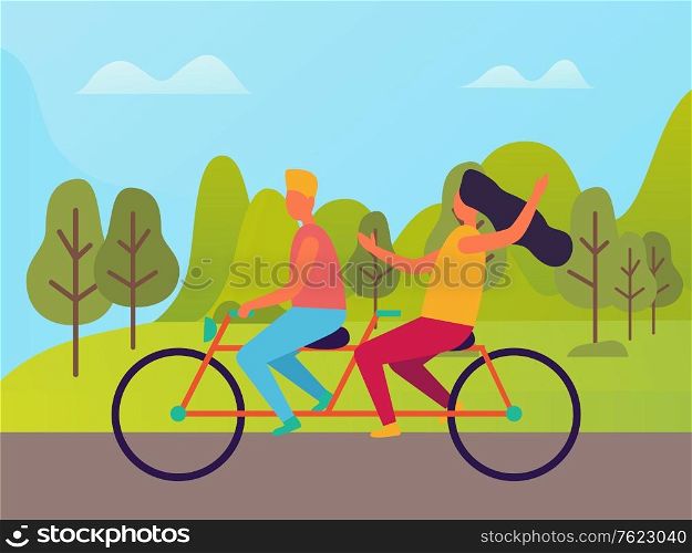 Man and woman riding on double bike vector cartoon style people. Happy couple on bicycle in park with green trees and bushes, tandem travel of cyclists. Man and Woman Riding on Double Bike Vector People