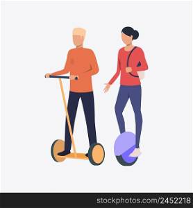 Man and woman riding segway and monowheel. Sport, recreation, leisure concept. Vector illustration can be used for presentation slide, poster, new projects. Man and woman riding segway and monowheel