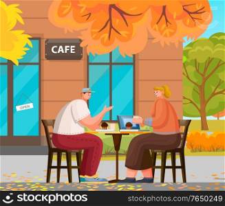 Man and woman romantic day in cafe. Couple sitting on terrace with cup of hot beverage and brownie. Leisure of male and female in coffeehouse outdoor. Autumn view and exterior of restaurant vector. Couple Meeting on Terrace of Coffeehouse Vector